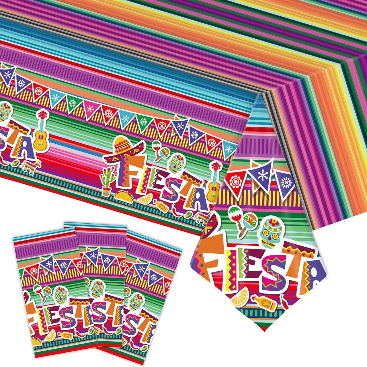 Cinco de Mayo Fiesta Tablecloth – Colorful Striped Disposable Mexican Party Table Cover
